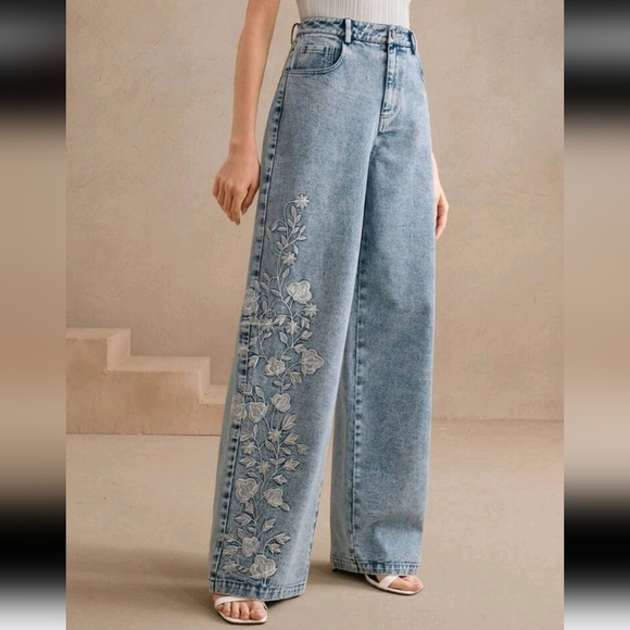 Elegant Embroidered Floral Design Ladies Long Pants,Suitable For Women - Picture 1 of 5